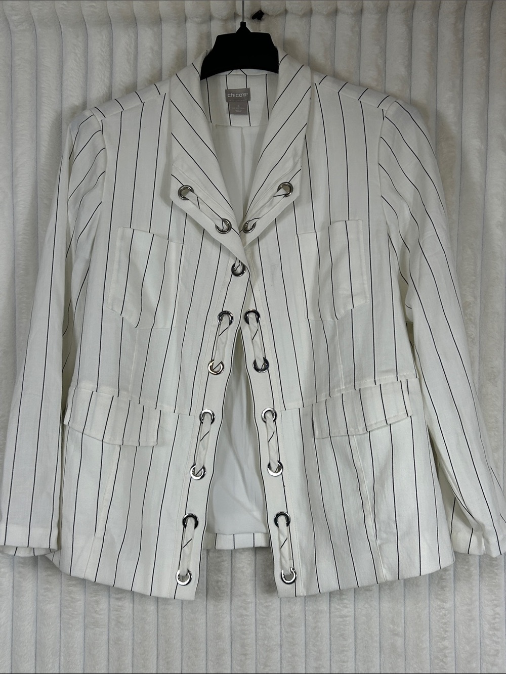 Chico's White Pinstripe Grommet Lace-Up Blazer Chicos sz 2 (12-14) nautical